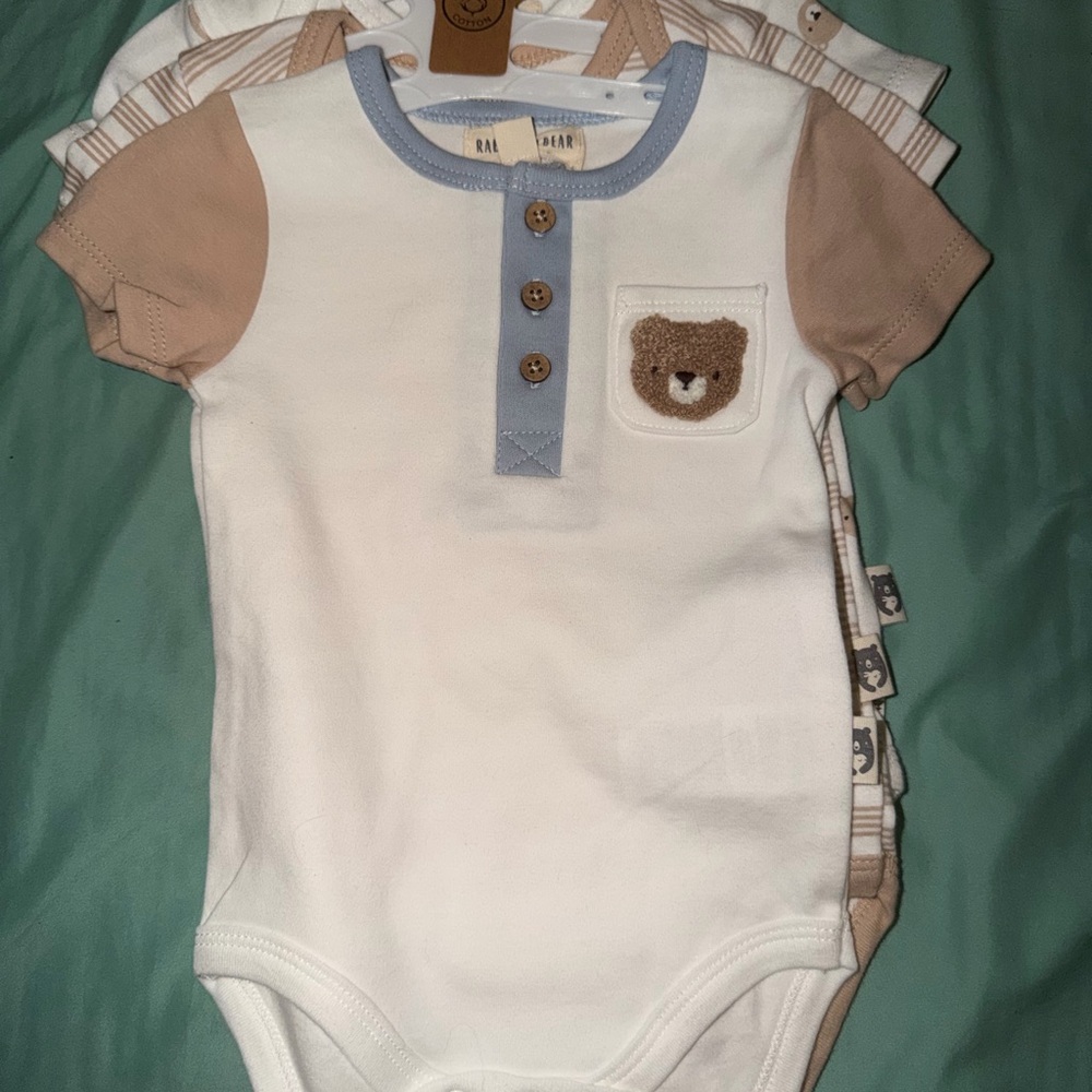 White and Tan Bear Bodysuit with Blue Accents